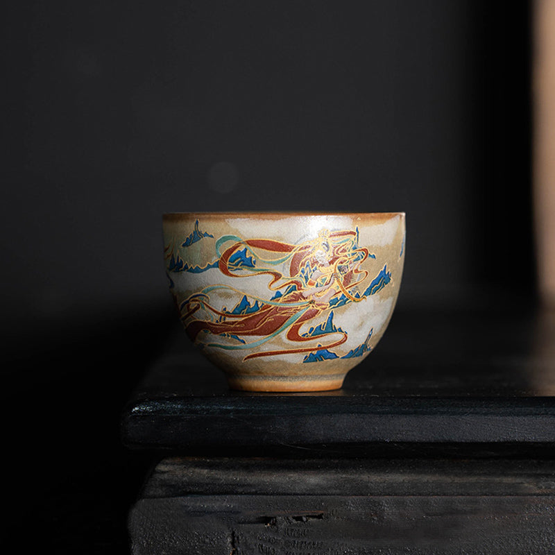 Buddha Stones敦煌 フライング アプサラス セラミック Gaiwan Sancai ティーカップ カンフー ティーカップ 蓋付き