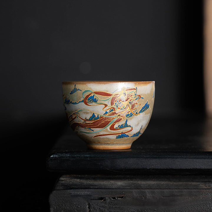 Buddha Stones敦煌 フライング アプサラス セラミック Gaiwan Sancai ティーカップ カンフー ティーカップ 蓋付き