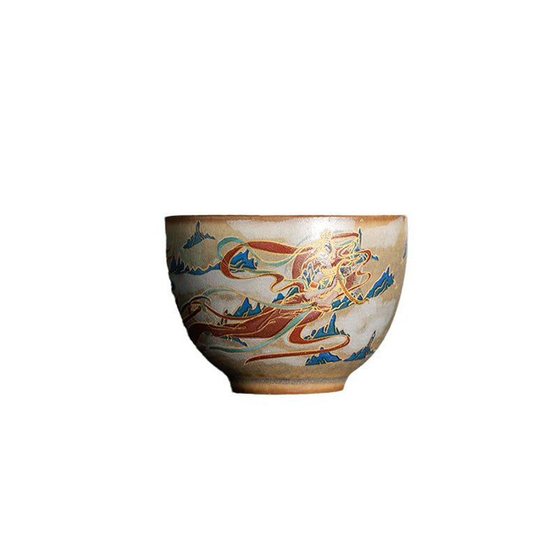 Buddha Stones敦煌 フライング アプサラス セラミック Gaiwan Sancai ティーカップ カンフー ティーカップ 蓋付き