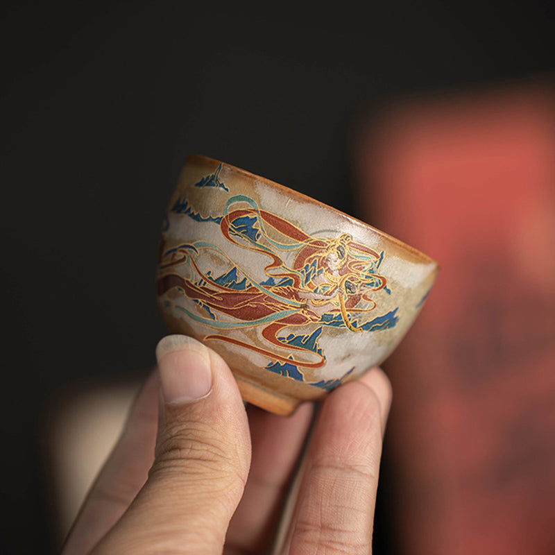 Buddha Stones敦煌 フライング アプサラス セラミック Gaiwan Sancai ティーカップ カンフー ティーカップ 蓋付き