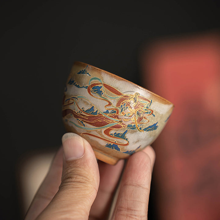 Buddha Stones敦煌 フライング アプサラス セラミック Gaiwan Sancai ティーカップ カンフー ティーカップ 蓋付き