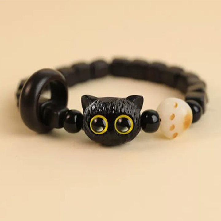 Buddha Stonesかわいい黒檀猫の頭の模様 平和のブレスレット - 黒檀猫菩提樹(手首周り14~16cm) - image 9