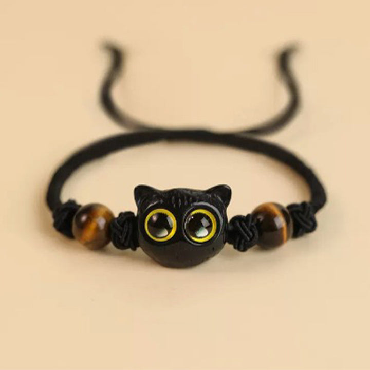 Buddha Stonesかわいい黒檀猫の頭の模様 平和のブレスレット - 黒檀猫虎目石ロープブレスレット(手首周り14~18cm) - image 11