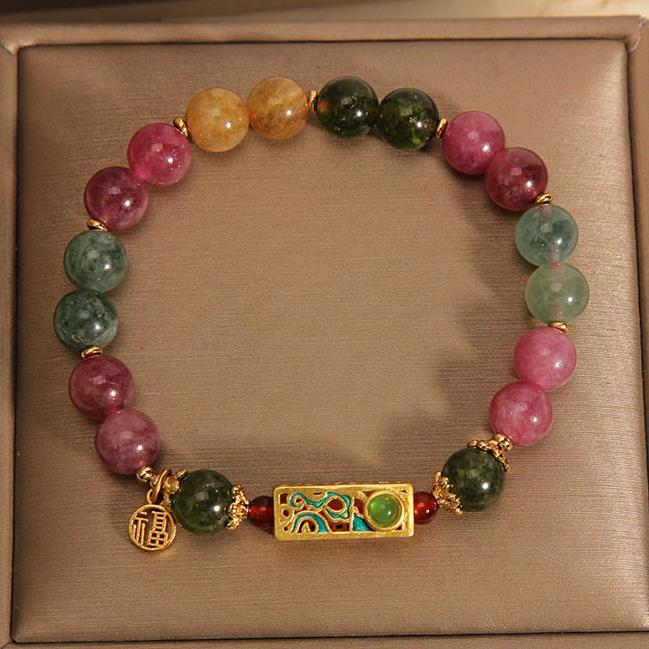 Buddha Stonesカラフルトルマリン ポジティブフーキャラクターチャームブレスレット