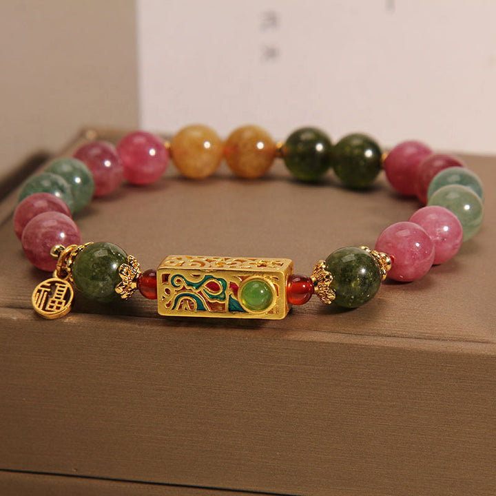 Buddha Stonesカラフルトルマリン ポジティブフーキャラクターチャームブレスレット