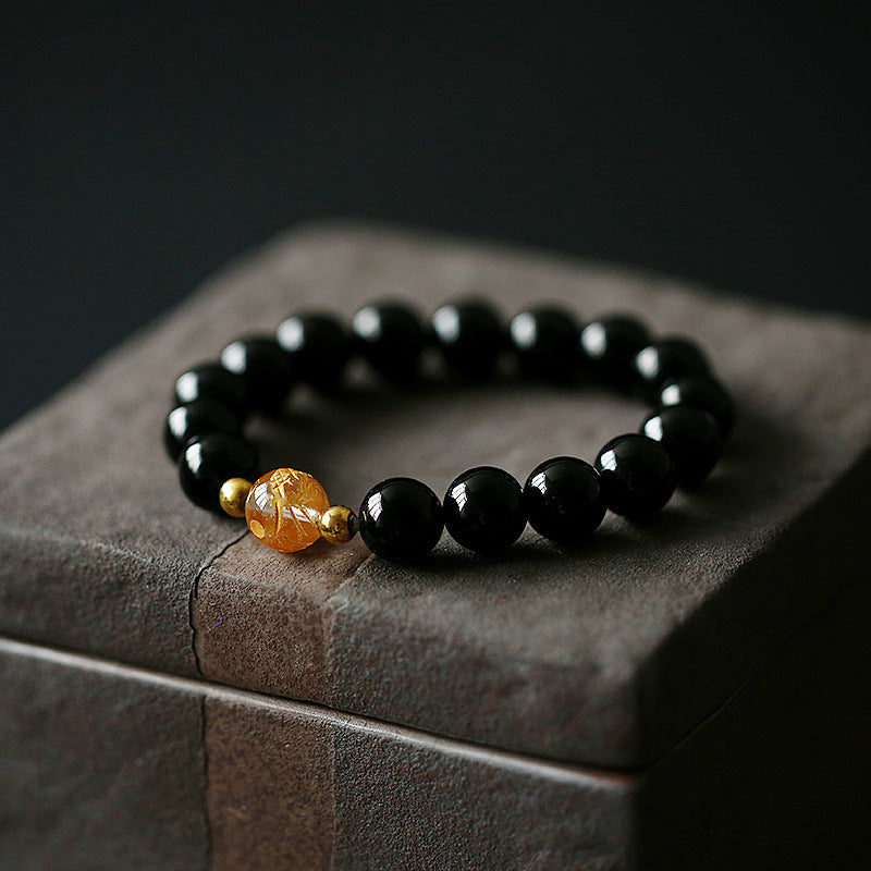 Buddha Stones天然黒曜石 ホワイトクリスタル ブラックオニキス 龍の強さブレスレット