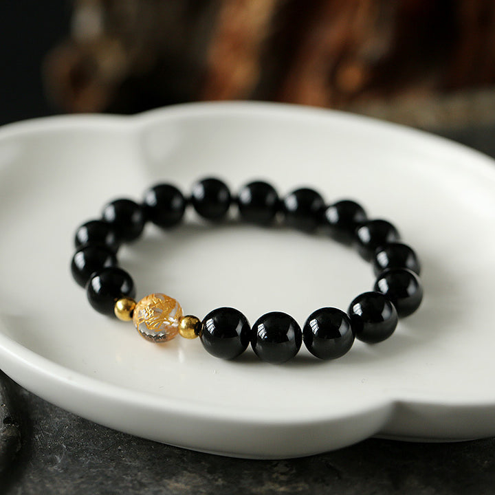 Buddha Stones天然黒曜石 ホワイトクリスタル ブラックオニキス 龍の強さブレスレット