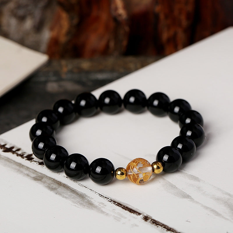 Buddha Stones天然黒曜石 ホワイトクリスタル ブラックオニキス 龍の強さブレスレット