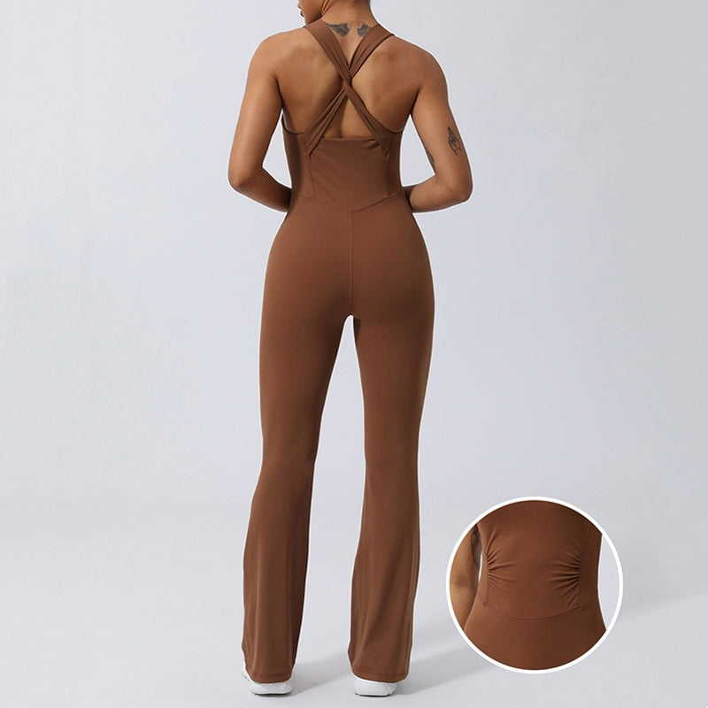 Buddha Stonesレディース ワークアウト クリスクロス ノースリーブ フレア ジャンプスーツ スポーツ フィットネス ヨガ ボディスーツ - 茶色 - US8-10、 UK/AU12-14、 EU40-42 (XL) - image 0