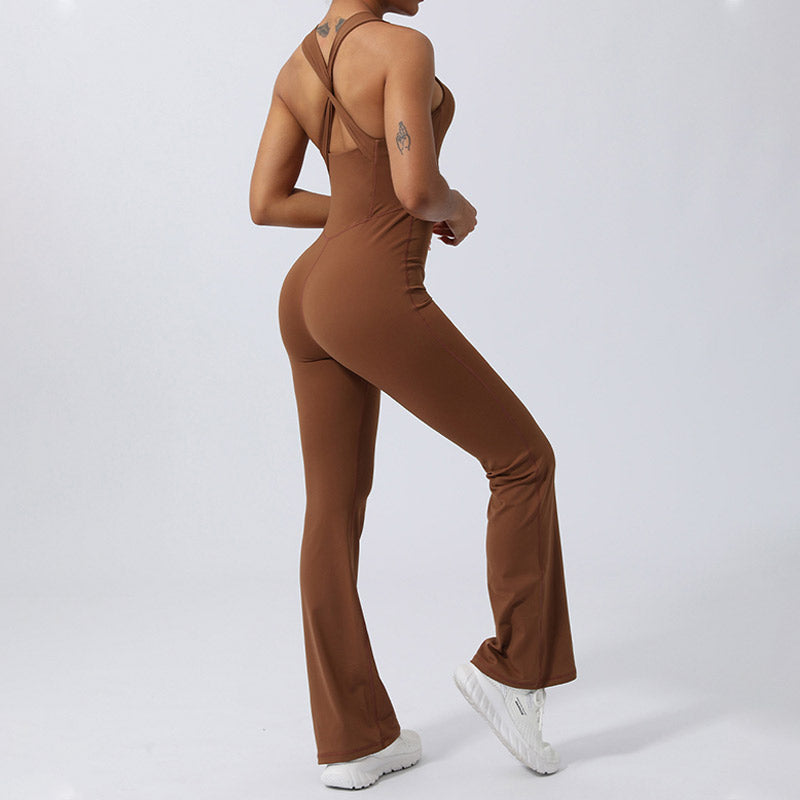 Buddha Stonesレディース ワークアウト クリスクロス ノースリーブ フレア ジャンプスーツ スポーツ フィットネス ヨガ ボディスーツ - image 4