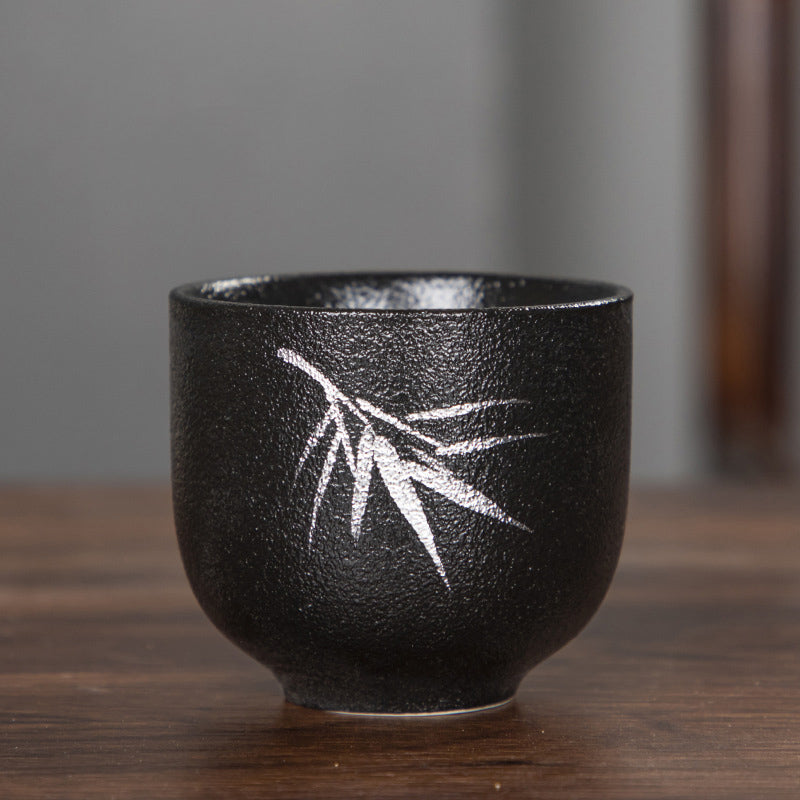 Buddha Stones手描き蓮の花竹菊黒陶器セラミックティーカップカンフーティーカップ95ml