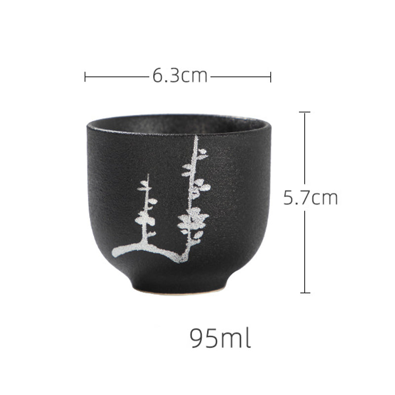 Buddha Stones手描き蓮の花竹菊黒陶器セラミックティーカップカンフーティーカップ95ml