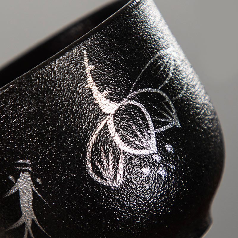 Buddha Stones手描き蓮の花竹菊黒陶器セラミックティーカップカンフーティーカップ95ml