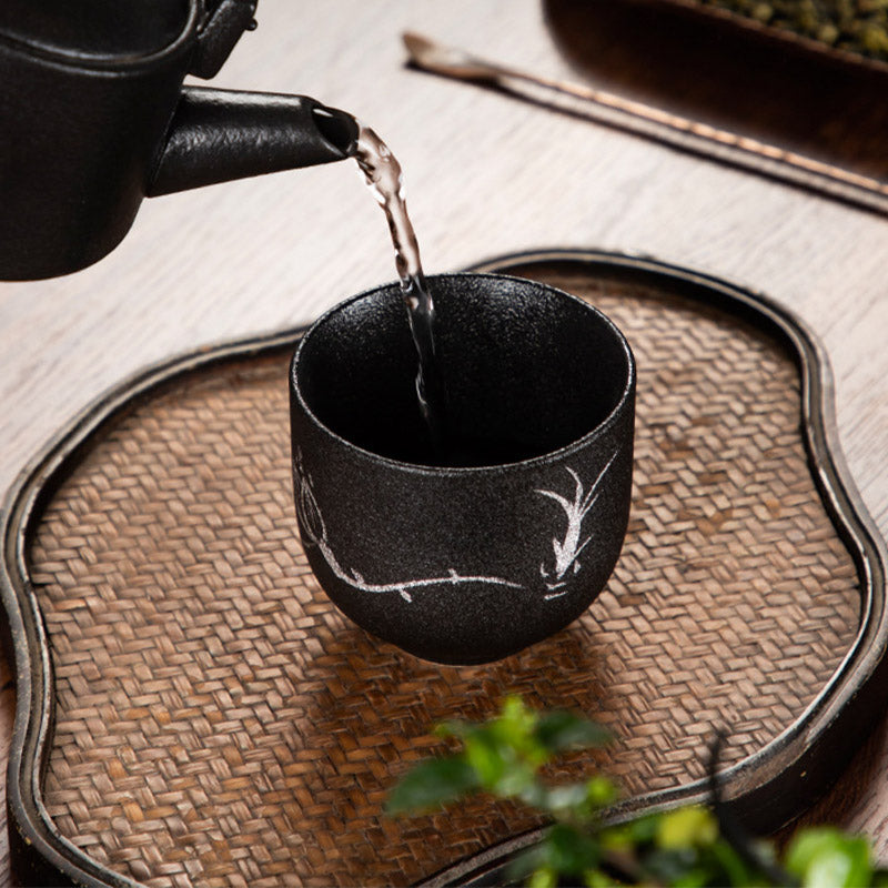 Buddha Stones手描き蓮の花竹菊黒陶器セラミックティーカップカンフーティーカップ95ml