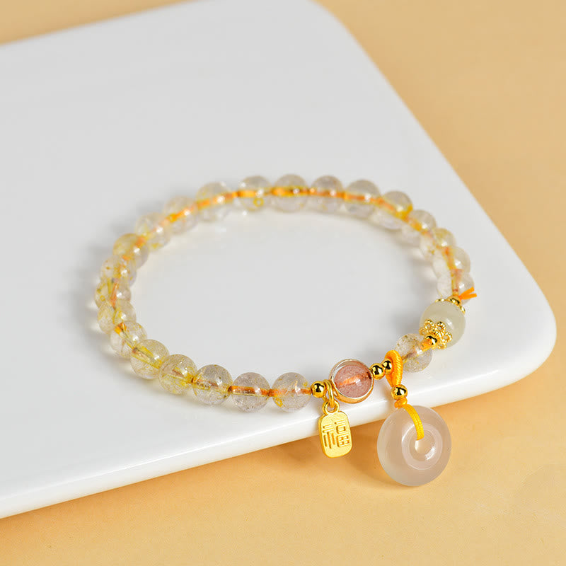 Buddha Stones天然ゴールデンルチルクォーツ福文字平和バックルチャーム富ブレスレット