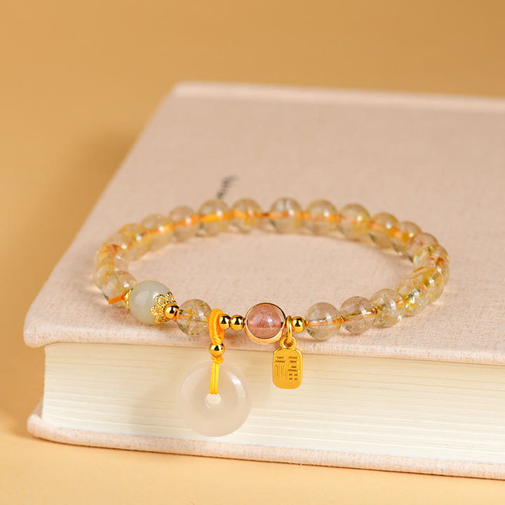 Buddha Stones天然ゴールデンルチルクォーツ福文字平和バックルチャーム富ブレスレット
