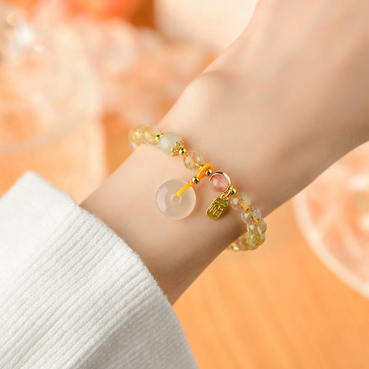 Buddha Stones天然ゴールデンルチルクォーツ福文字平和バックルチャーム富ブレスレット