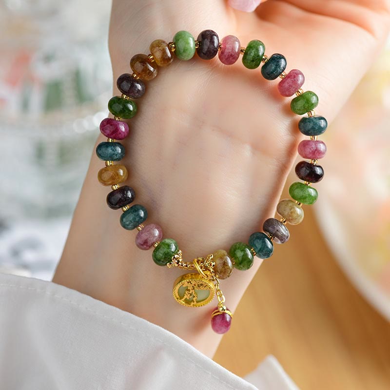 Buddha Stonesカラフルトルマリン かわいい花うさぎチャームラブブレスレット