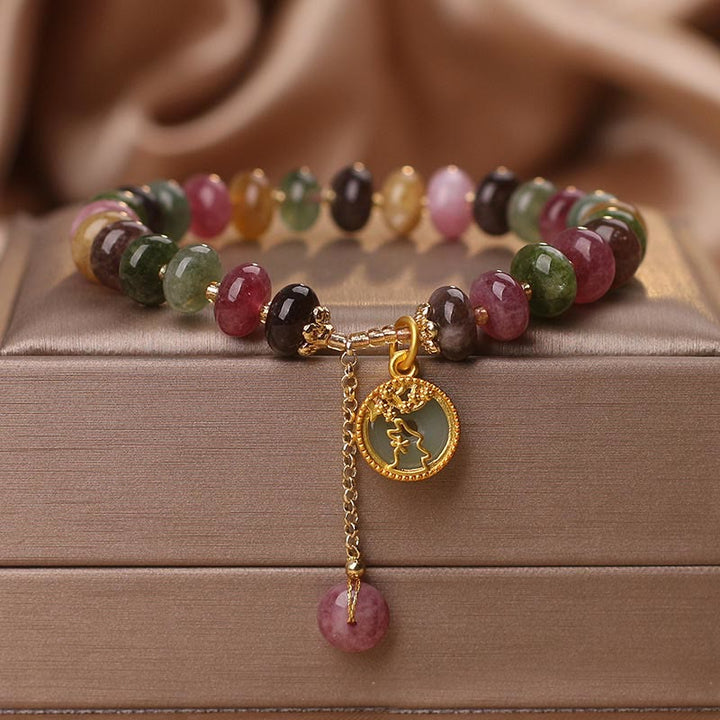 Buddha Stonesカラフルトルマリン かわいい花うさぎチャームラブブレスレット