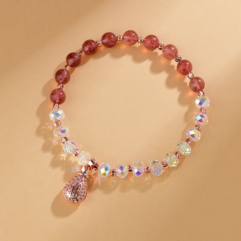 Buddha Stonesストロベリークォーツ ホワイトクリスタル マネーバッグチャーム ポジティブブレスレット