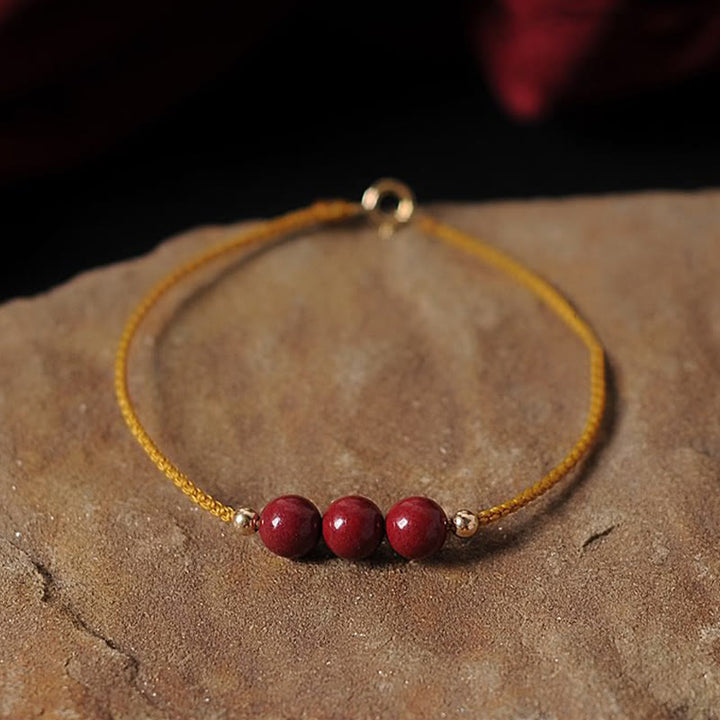 Buddha Stones14K ゴールドメッキ 天然辰砂 祝福紐 編み込みブレスレット