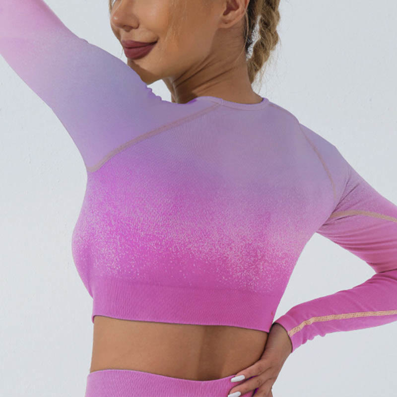 Buddha StonesグラデーションロングスリーブクロップトップTシャツブラレギンスパンツフィットネスヨガウェア - トップ - パープルピンク - US4、 UK/AU8、 EU36 (L) - image 10