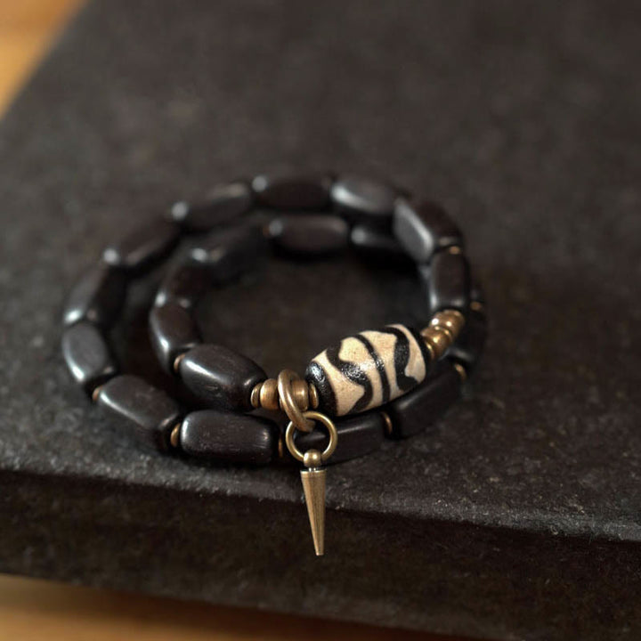 Buddha Stonesチベット 黒檀 木製 Dzi ビーズ 銅製 バランス ダブルラップブレスレット