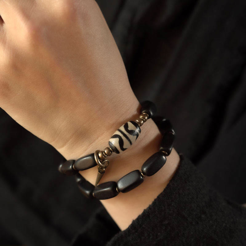 Buddha Stonesチベット 黒檀 木製 Dzi ビーズ 銅製 バランス ダブルラップブレスレット