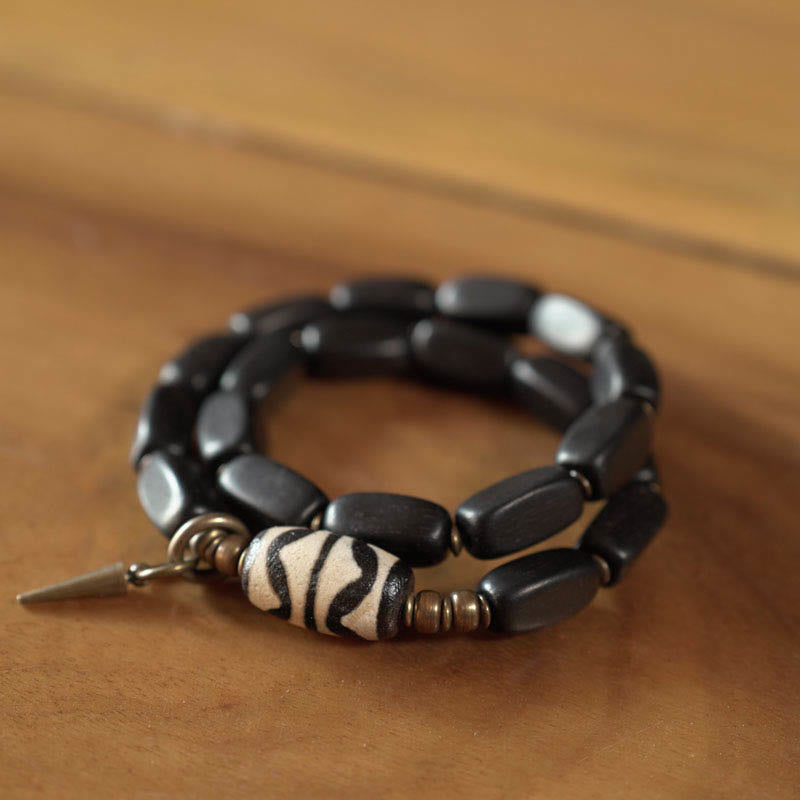 Buddha Stonesチベット 黒檀 木製 Dzi ビーズ 銅製 バランス ダブルラップブレスレット