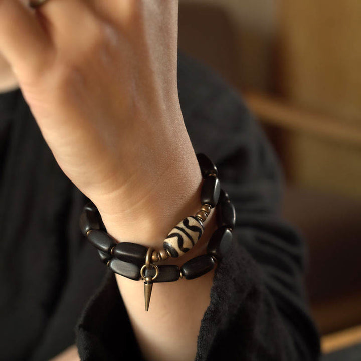 Buddha Stonesチベット 黒檀 木製 Dzi ビーズ 銅製 バランス ダブルラップブレスレット