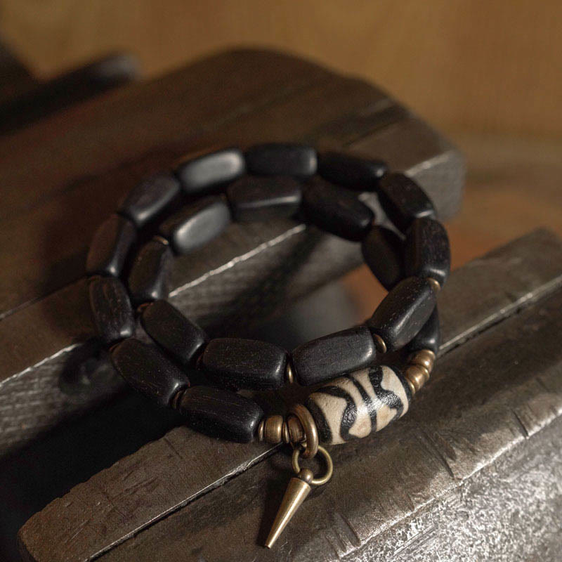 Buddha Stonesチベット 黒檀 木製 Dzi ビーズ 銅製 バランス ダブルラップブレスレット