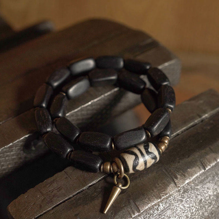 Buddha Stonesチベット 黒檀 木製 Dzi ビーズ 銅製 バランス ダブルラップブレスレット