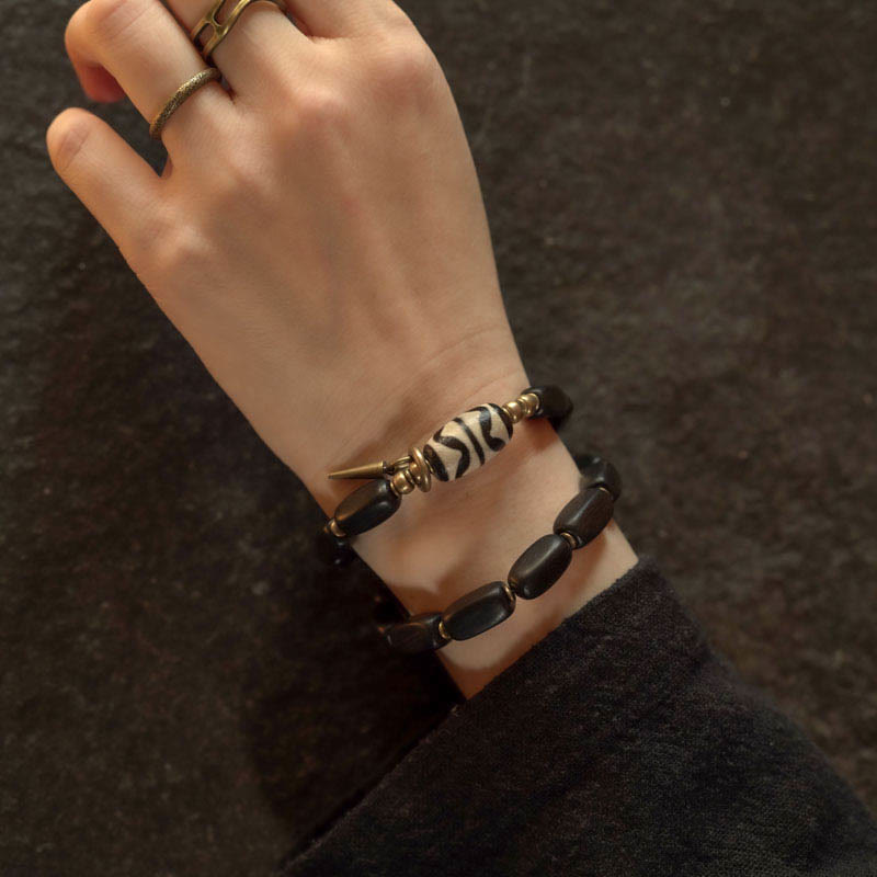 Buddha Stonesチベット 黒檀 木製 Dzi ビーズ 銅製 バランス ダブルラップブレスレット