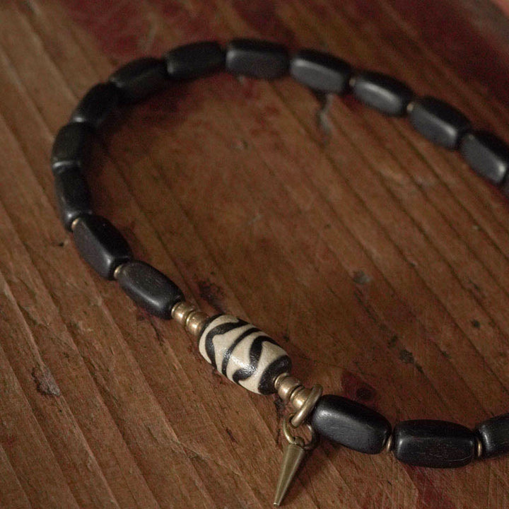 Buddha Stonesチベット 黒檀 木製 Dzi ビーズ 銅製 バランス ダブルラップブレスレット