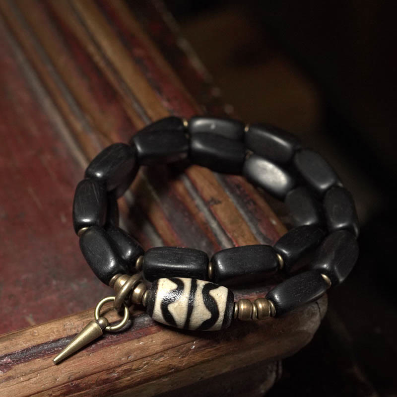 Buddha Stonesチベット 黒檀 木製 Dzi ビーズ 銅製 バランス ダブルラップブレスレット