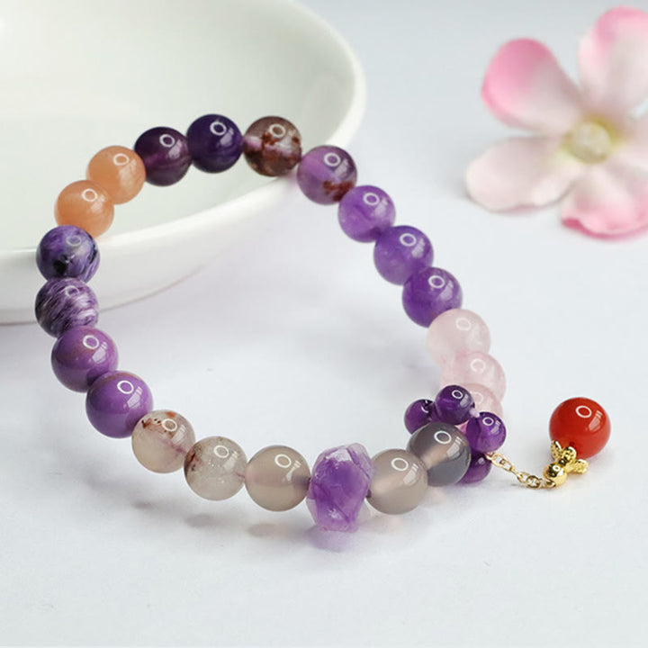 Buddha Stones天然アメジストクリスタル 内なる平和のヒーリングビーズチャームブレスレット