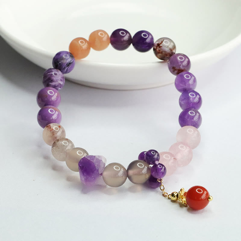 Buddha Stones天然アメジストクリスタル 内なる平和のヒーリングビーズチャームブレスレット