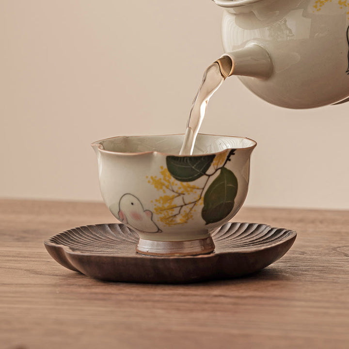 Buddha Stones手描きの小さなキンモクセイウサギの陶器ティーカップカンフーティーカップ40ml