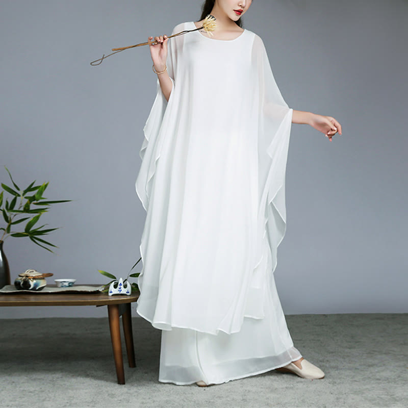 Buddha Stonesのシンプルな柄のミディドレス、ワイドレッグパンツ、瞑想、スピリチュアル、禅の練習、ヨガ、ダンスウェア - 白 - 2点(ドレス&パンツ) - US8-10,UK/AU12-14,EU40-42 (2XL) - image 0