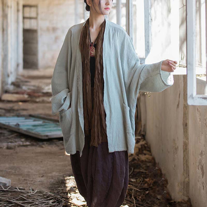 Buddha Stonesの無地デザイン長袖コート 禅瞑想 オープンフロントトップ コットンジャケット - image 15