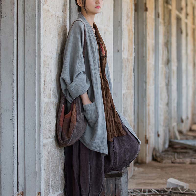 Buddha Stonesの無地デザイン長袖コート 禅瞑想 オープンフロントトップ コットンジャケット - image 24