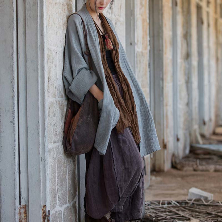 Buddha Stonesの無地デザイン長袖コート 禅瞑想 オープンフロントトップ コットンジャケット - image 25