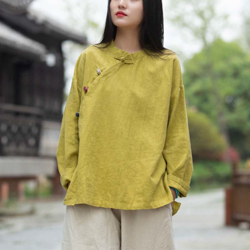 Buddha Stonesラミーリネンブラウスレディースシャツトップス中国漢服スタイル - イエロー(バスト120cm)(トップスのみ) - image 25