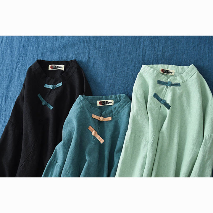 Buddha Stonesラミーリネンゆったりブラウスレディース長袖シャツ中国漢服トップス - image 28