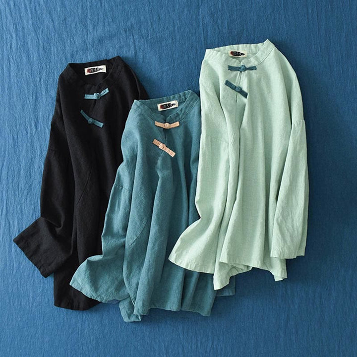 Buddha Stonesラミーリネンゆったりブラウスレディース長袖シャツ中国漢服トップス - image 27