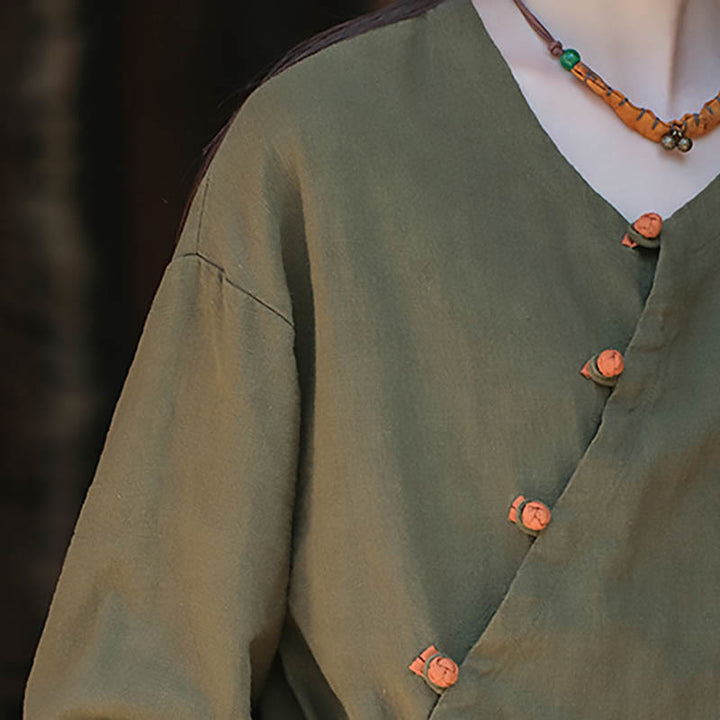 Buddha Stones無地ラミーリネンゆったりブラウス長袖シャツ中国漢服トップス - image 15