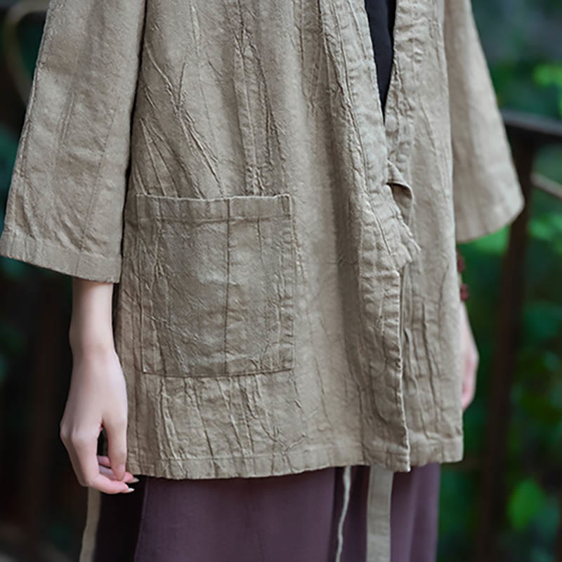 Buddha Stones漢服デザイン七分袖ラミーリネンコートオープンフロントトップジャケット - image 12