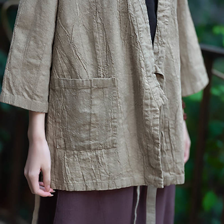 Buddha Stones漢服デザイン七分袖ラミーリネンコートオープンフロントトップジャケット - image 12