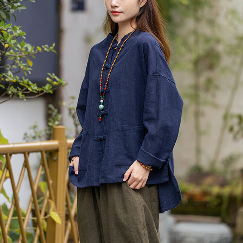 Buddha Stonesカエルボタンデザインシャツ 太極拳瞑想用トップス ラミーリネンジャケット