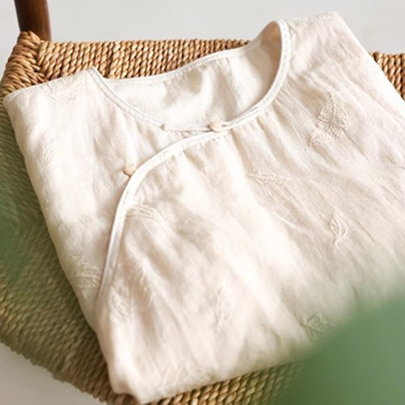 Buddha Stonesラミーリネンゆったりブラウス半袖シャツ中国風トップス